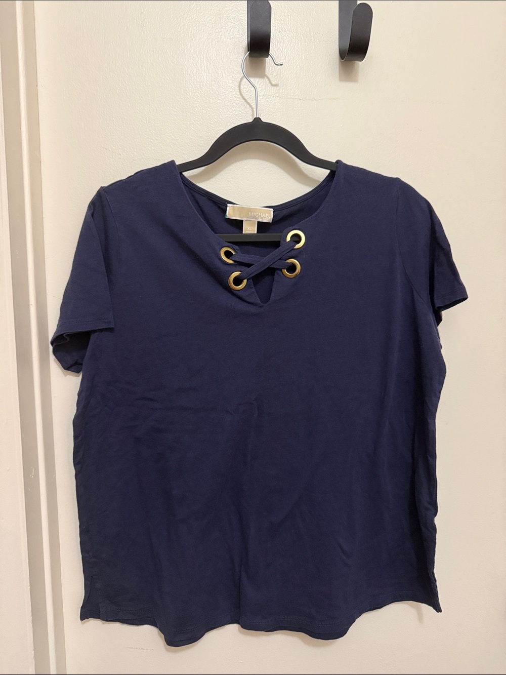 Michael Kors Navy Short Sleeve Lace-Up Top with Gold Eyelets